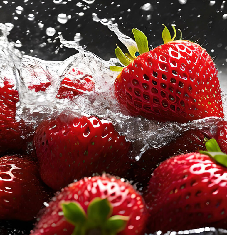 AI generated image of a bunch of strawberries being washed with water. Strawberry is a sweet and juicy fruit that belongs to the Rosaceae family